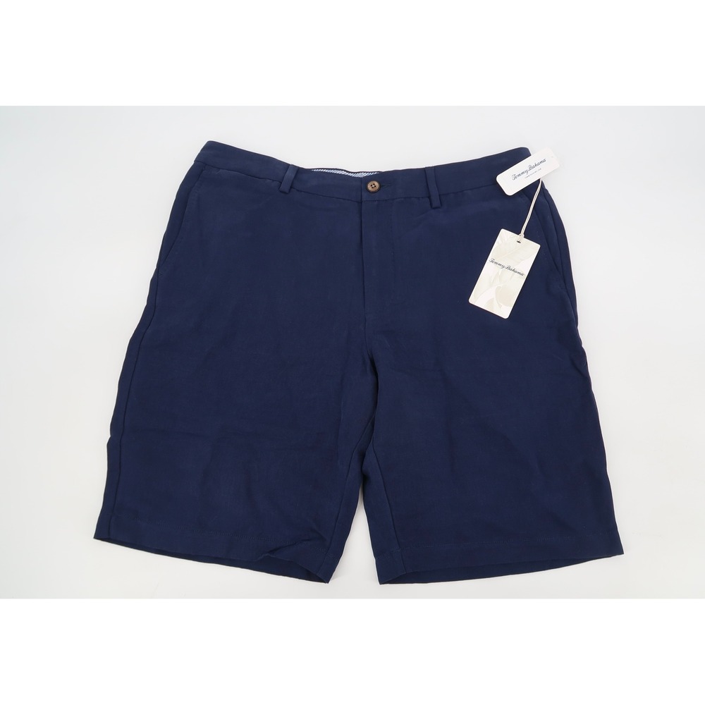 Tommy Bahama Monterey Flat Front Short Mens 34 Navy Silk Linen Shorts NEW